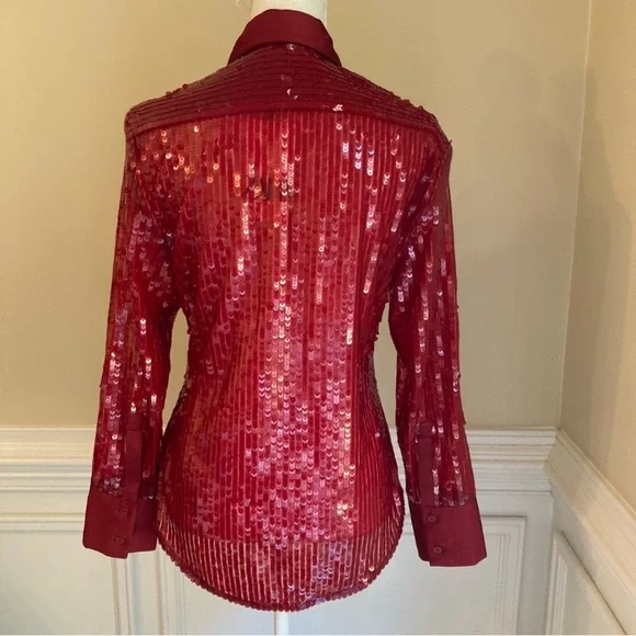 ZARA Red Sequin Long Sleeve Button Down Shirt NWT - Picture 5 of 14